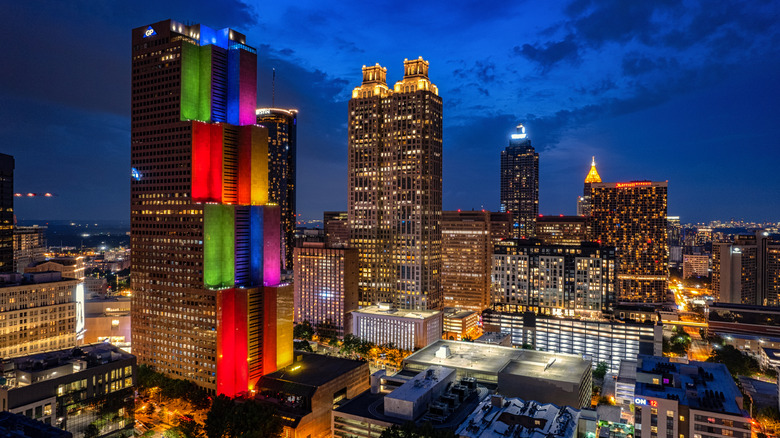 Downtown Atlanta building lit in LGBTQ pride colors