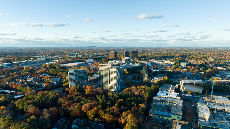 Aerial view of the Greater Atlanta metro area with buildings between lush treetops