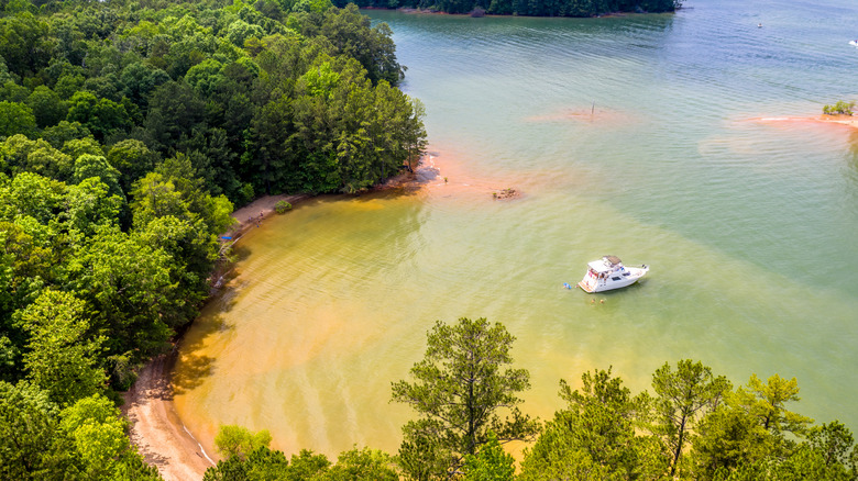 Boat in a secluded cove on Lake Lanier