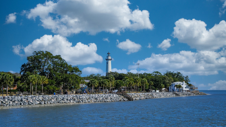 St. Simon's Lighthouse from the fishing pier on St. Simon's Island, Georgia, near Pier Village