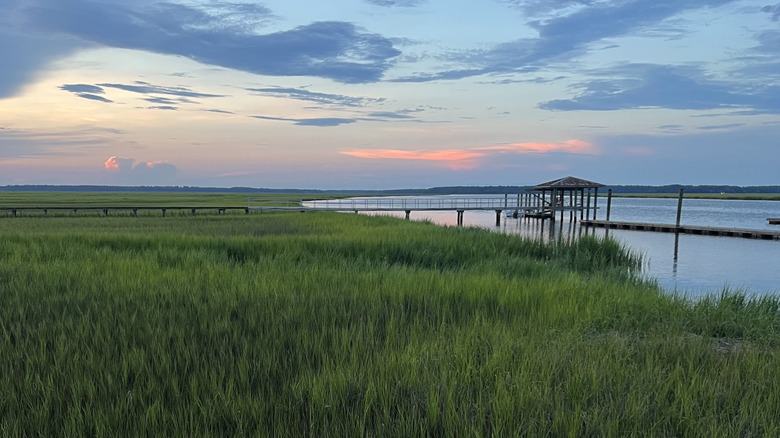 A view of the Sunbury Crab Company's dock during sunset in coastal Georgia