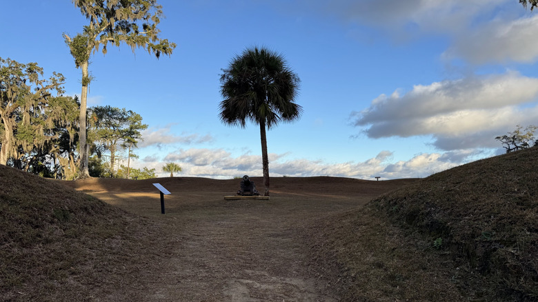 Earthwork remnants and a cannon at Fort Morris Historic Site in Georgia