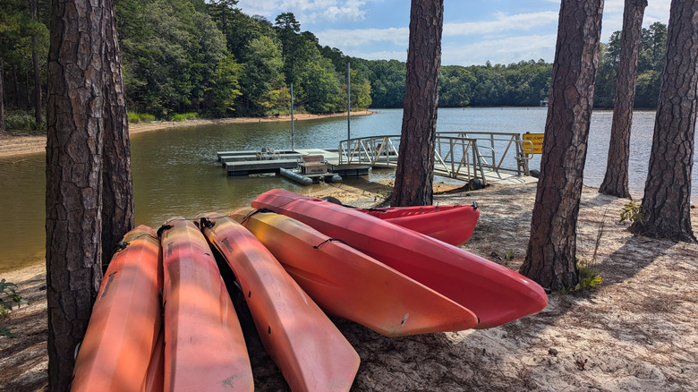 Kayaks and a pier at Don Carter State Park in Georgia