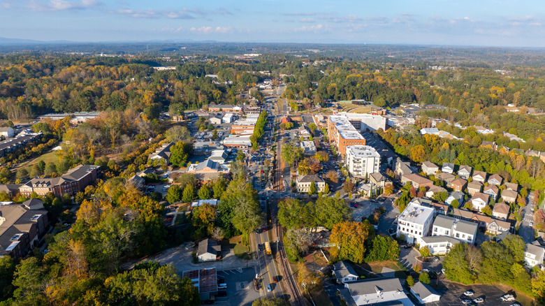 Aerial view of downtown Woodstock with trees and houses surrounding Main Street.