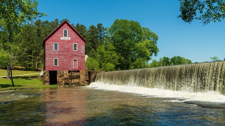The red mill over the water in Starr's Mill Park, Fayetteville, Georgia