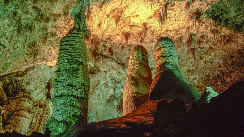 Stalagmites grow up from the floor in a cave