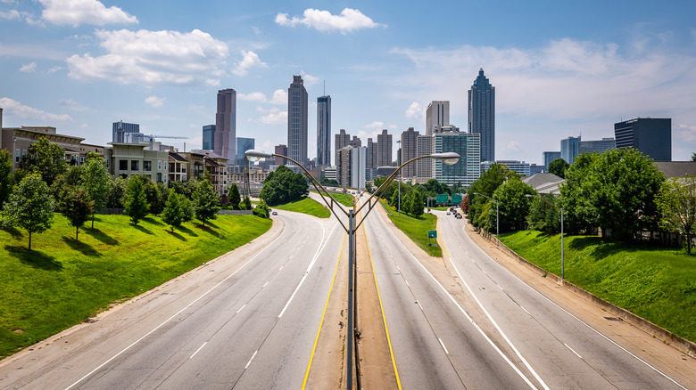 Aerial view of downtown Atlanta, as seen from the Jackson Street Bridge, photographed during a bright day
