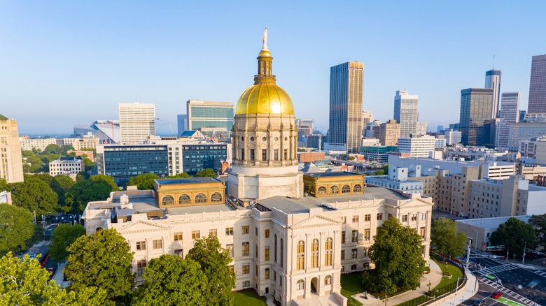Aerial view of the Georgia State Capitol building, photographed during a bright morning