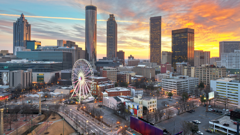 Aerial view of downtown Atlanta at sunset