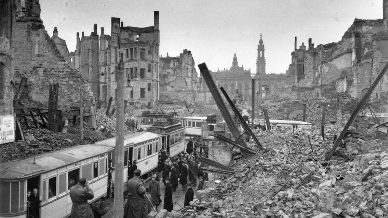 A tram moves the rubble of Dresden, Germany, after devastating bombing in World War II