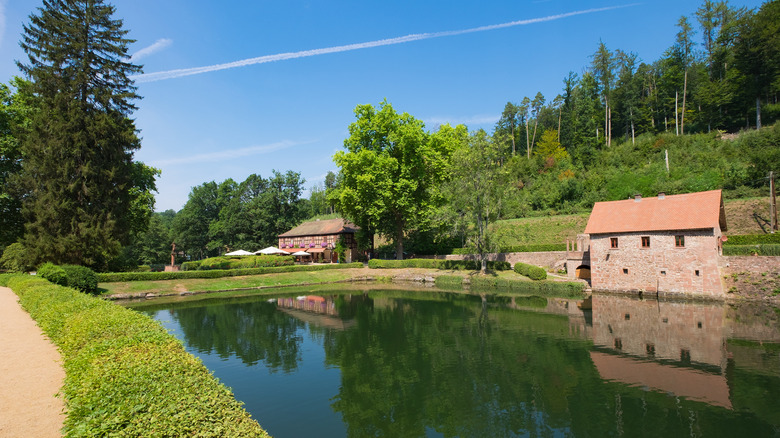 The cafe and mill house at Mespelbrunn Castle, sitting near a moat