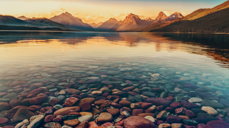 Multi-color rocks and crystal-clear water at Lake McDonald in Glacier National Park.