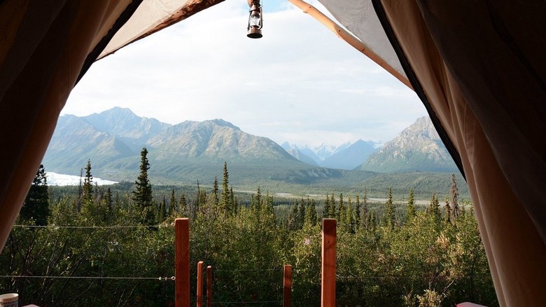 View of the mountains from a luxury tent at Alpenglow Luxury Camping