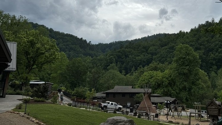 View of the Little Arrow Outdoor Resort playground area in the Great Smokey Mountains of Tennessee