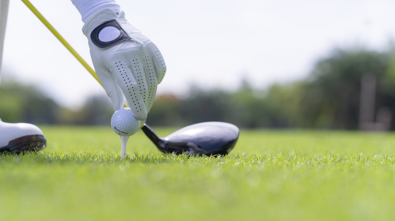 A hand setting a golf ball on a tee at a golf course