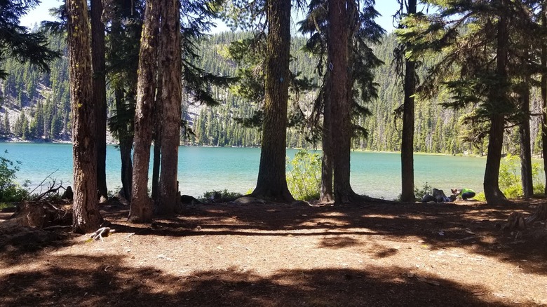 A flat area at one of the three Rosary Lakes that can be used for primitive camping