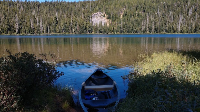 Timpanogas Lake, with a rowboat in the center foreground with brush to either side