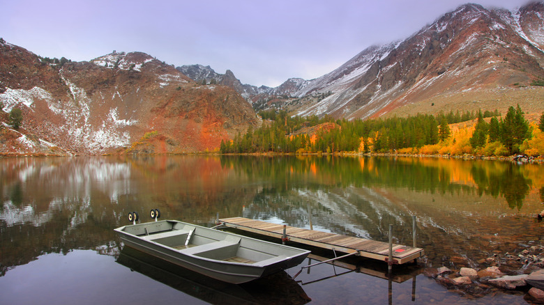 A fishing boat tied up on one of the Virginia Lakes in California's Eastern Sierra