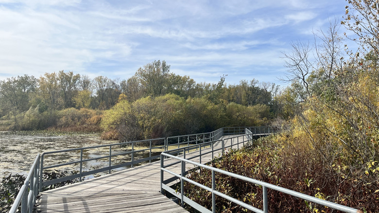 Floating boardwalk at Waterfront Park on Reeds Lake in East Grand Rapids, Michigan, under a partly cloudy sky