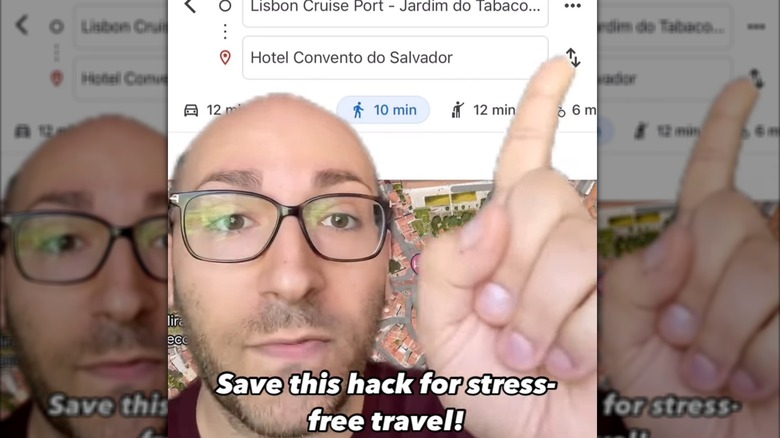 Person pointing to a step in the Google Maps stair-avoiding hack