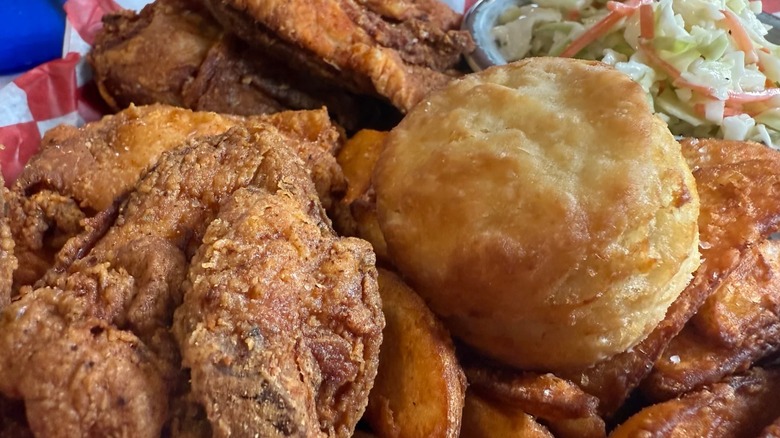 Fried chicken with a biscuit and coleslaw at Gordonsville Icehouse in Virginia