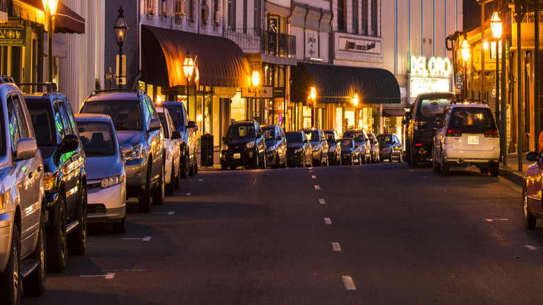 Busy street in Grass Valley, CA at dusk