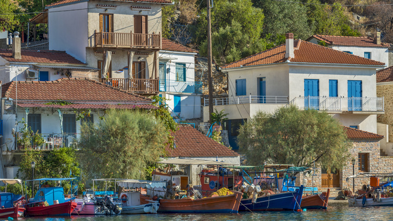 Colorful houses line the Pelion waterfront, with boats in the harbor