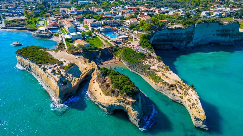 Aerial view of the Canal d'Amour, a cove with a long narrow bay on the green island of Corfu