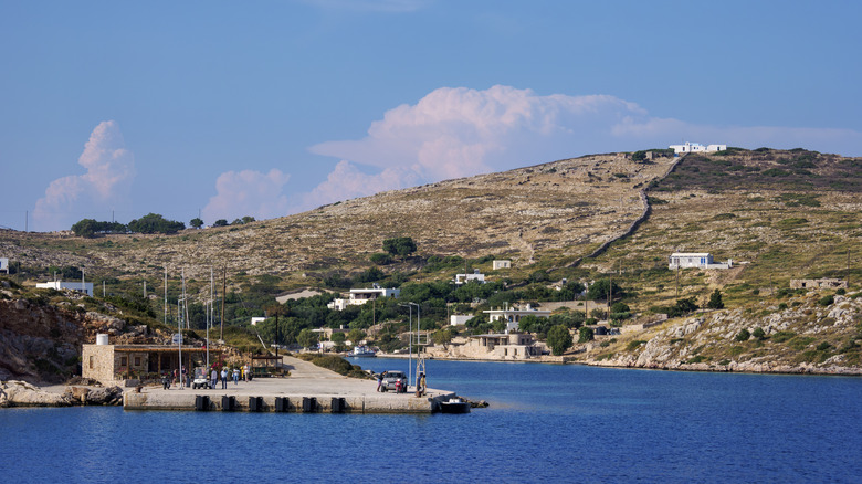 The port of Arki island in Greece on a sunny day