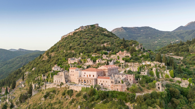 Temple of Agia Sofia and uphill castle of Mystras, Sparta, Peloponnese, Greece