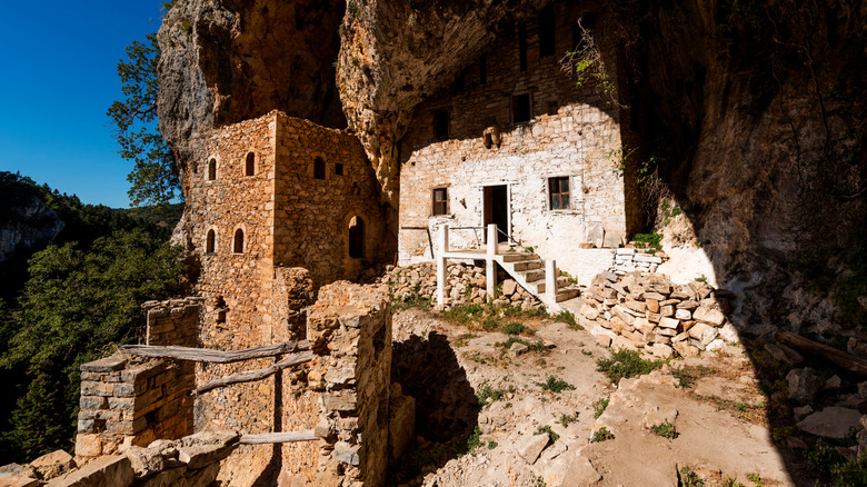 ruins of abandoned cave monastery of Agia Kyriaki next to vamvakou village