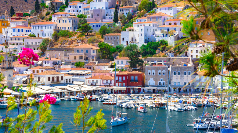 View of the harbor area in Hydra, Greece