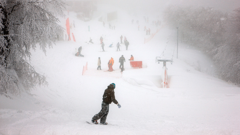 Skiers at Pelion mountain near Volos, Greece
