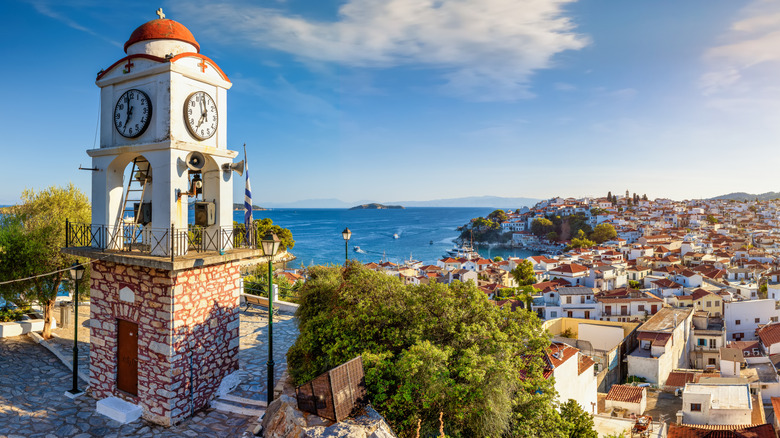 Clocktower overlooking the ocean in Skiathos