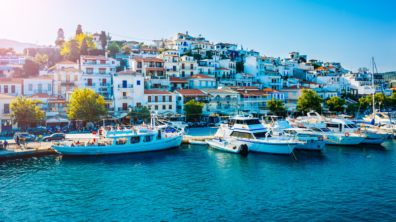 White buildings overlooking the ocean in Skiathos