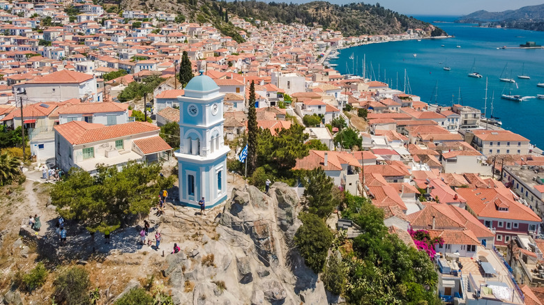The Poros Clock Tower stands high above the town