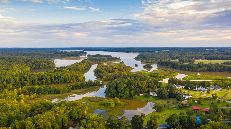 Drone view of Lake Oconee Park and surrounding woodlands in Greene County, Georgia