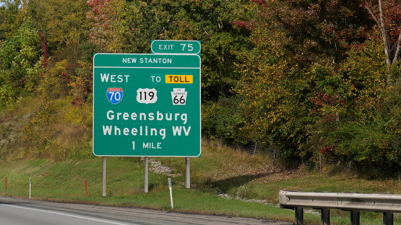 A road sign points drivers toward Greensburg in Western Pennsylvania