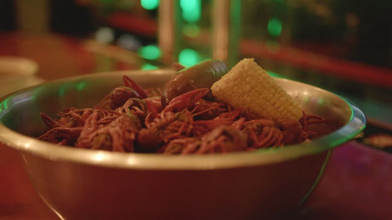 Bowl of crawfish and corn at Judice's