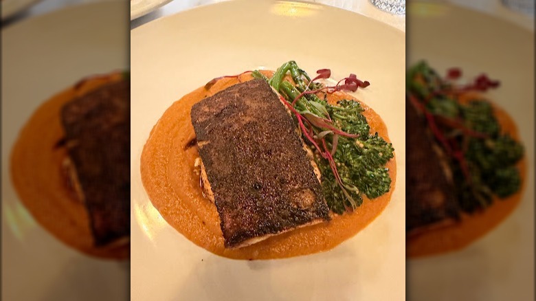 Salmon and broccolini over sauce on a plate