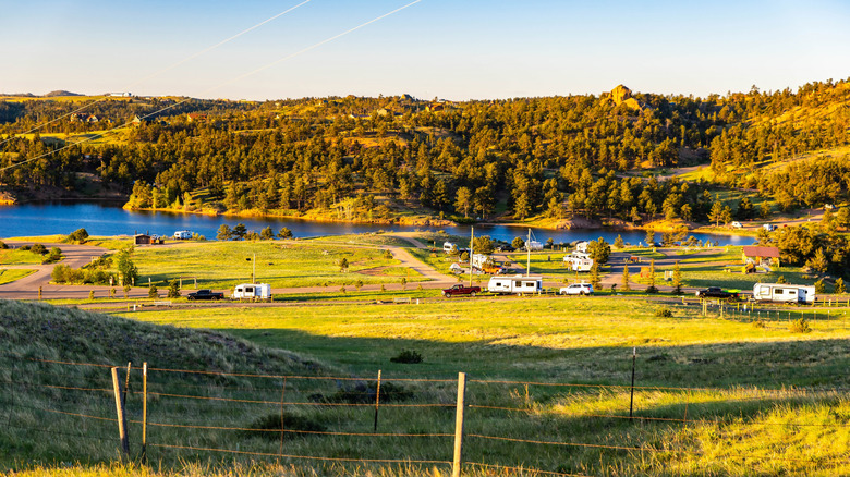Campgrounds at sunrise overlooking Granite Springs Reservoir in Curt Gowdy State Park, Wyoming