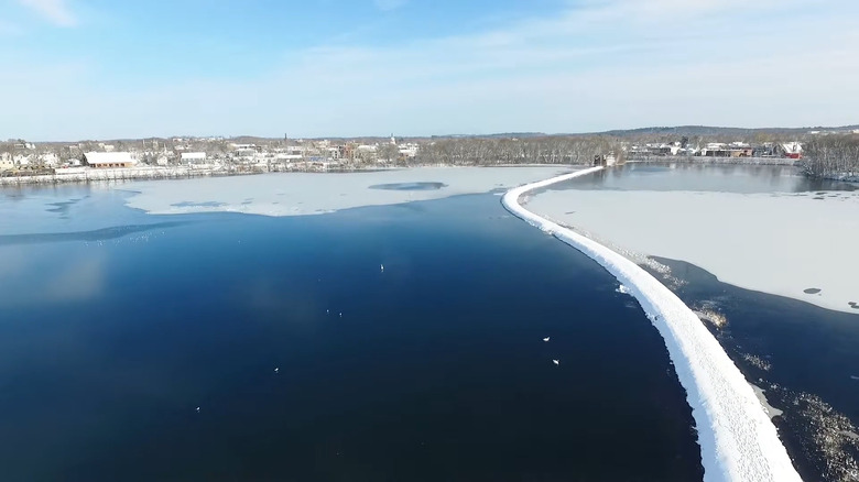 An aerial view of Farm Pond in Framingham, Massachusetts