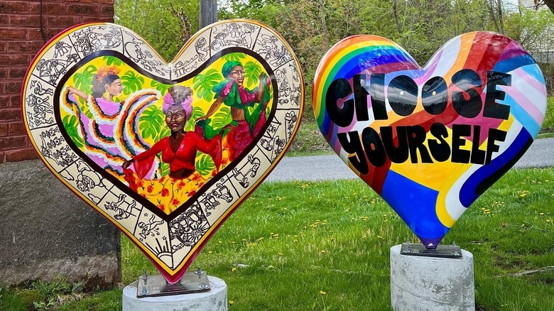 Painted hearts as part of Many Cultures, One Heart in Downtown Framingham, Massachusetts