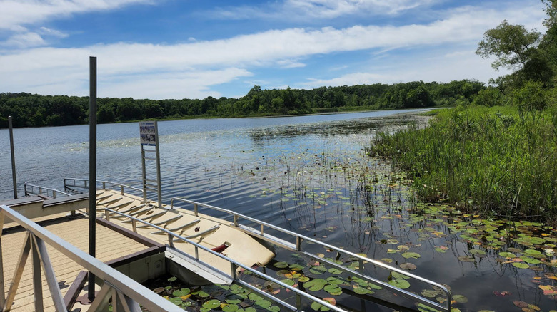 An accessible boat launch on Bishop Lake in Brighton Recreation Area