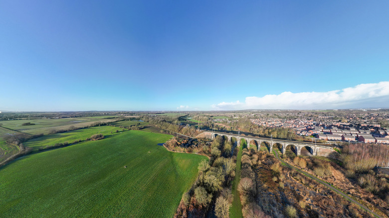 An aerial view of Newton-le-Willows stretching out behind the Sankey Viaduct