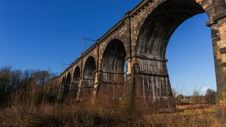 A view of the underside of the Sankey Viaduct on a sunny day