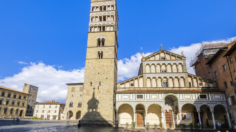 Bell tower and cathedral in the main square of Pistoia, Italy