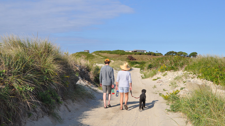 A couple walks a black dog on a sandy path on Cuttyhunk Island, Massachusetts
