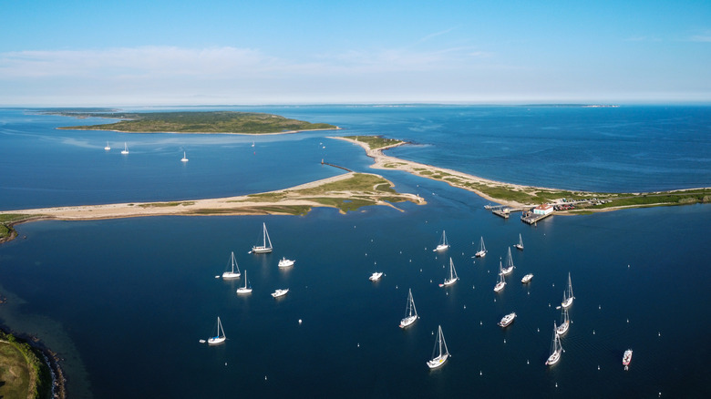 Aerial view of the harbor on Cuttyhunk Island, MA