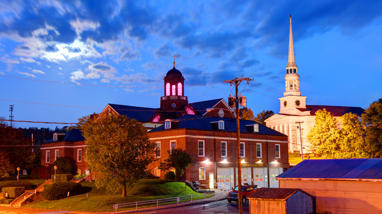 A church spire rises above the town of Ellsworth, Maine